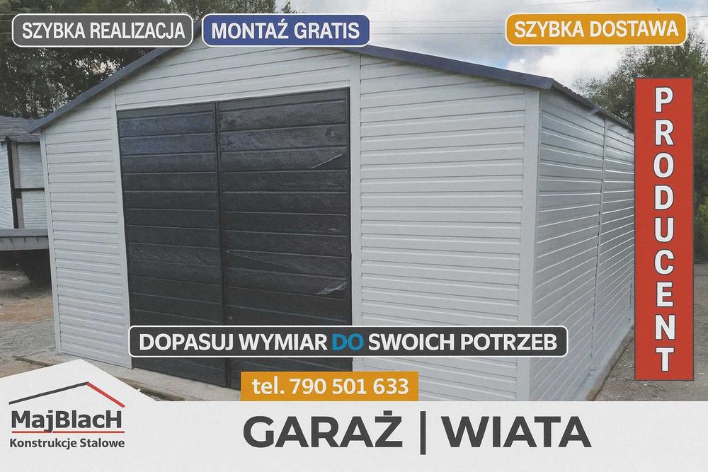 Biały + GRAFIT Garaż Blaszany Dwuspadowy z drzwiami|Garaże – Maj-Blach