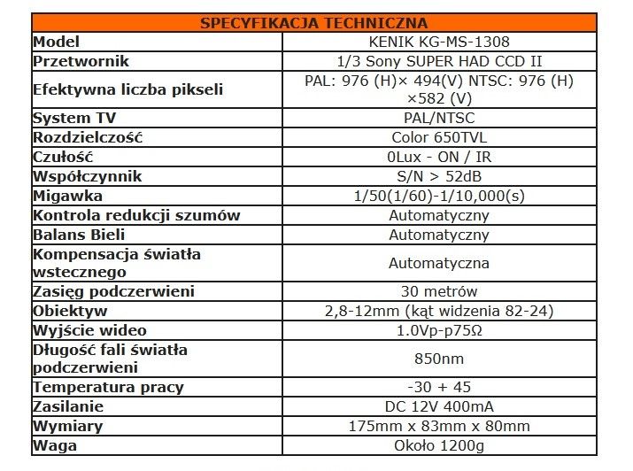 Kamera KENIK Kolor IR 30M KG-MS-1308