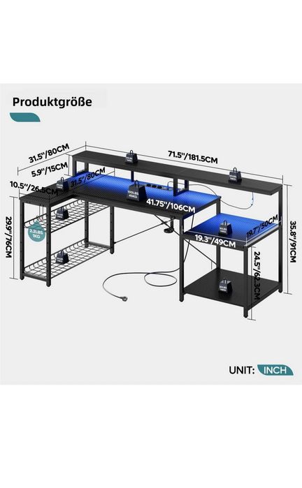 Biurko gamingowe narożne L 181x80 cm z półką na monitor, 3 gniazdka AC
