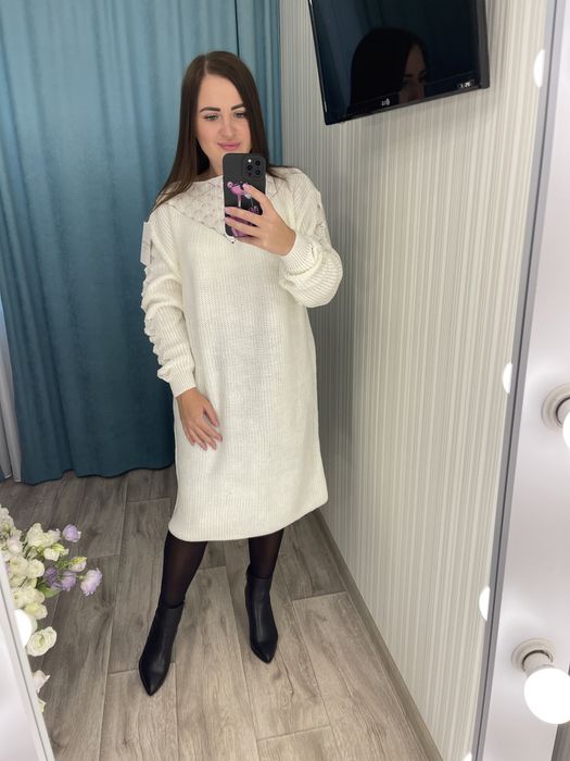 Женское вязаное платье 42-54 батал пудра,голубой Жіноча тепла сукня