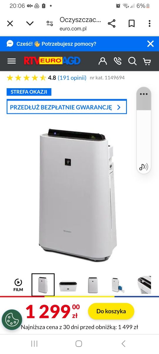 Oczyszczacz powietrza Sharp KC-D40EUW  Nawilżanie powietrza.,Jonizacja