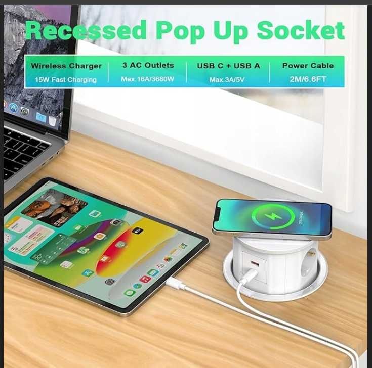 Wysuwane Gniazdko Elektryczne z USB C PD20 W Bezprzew. Ładowanie 15 W