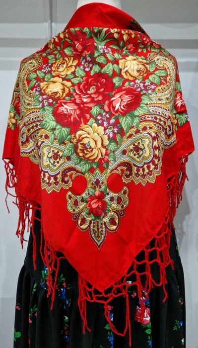 Chusta ludowa, góralska czerwona w kwiaty