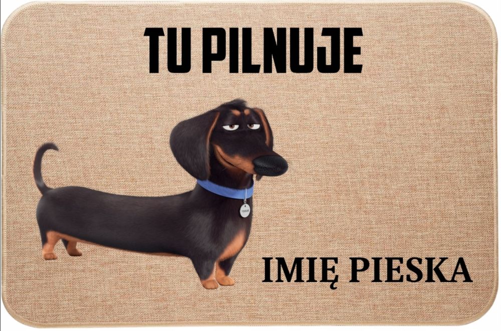lniana wycieraczka wejściowa tu pilnuje + imię pieska jamnik prezent