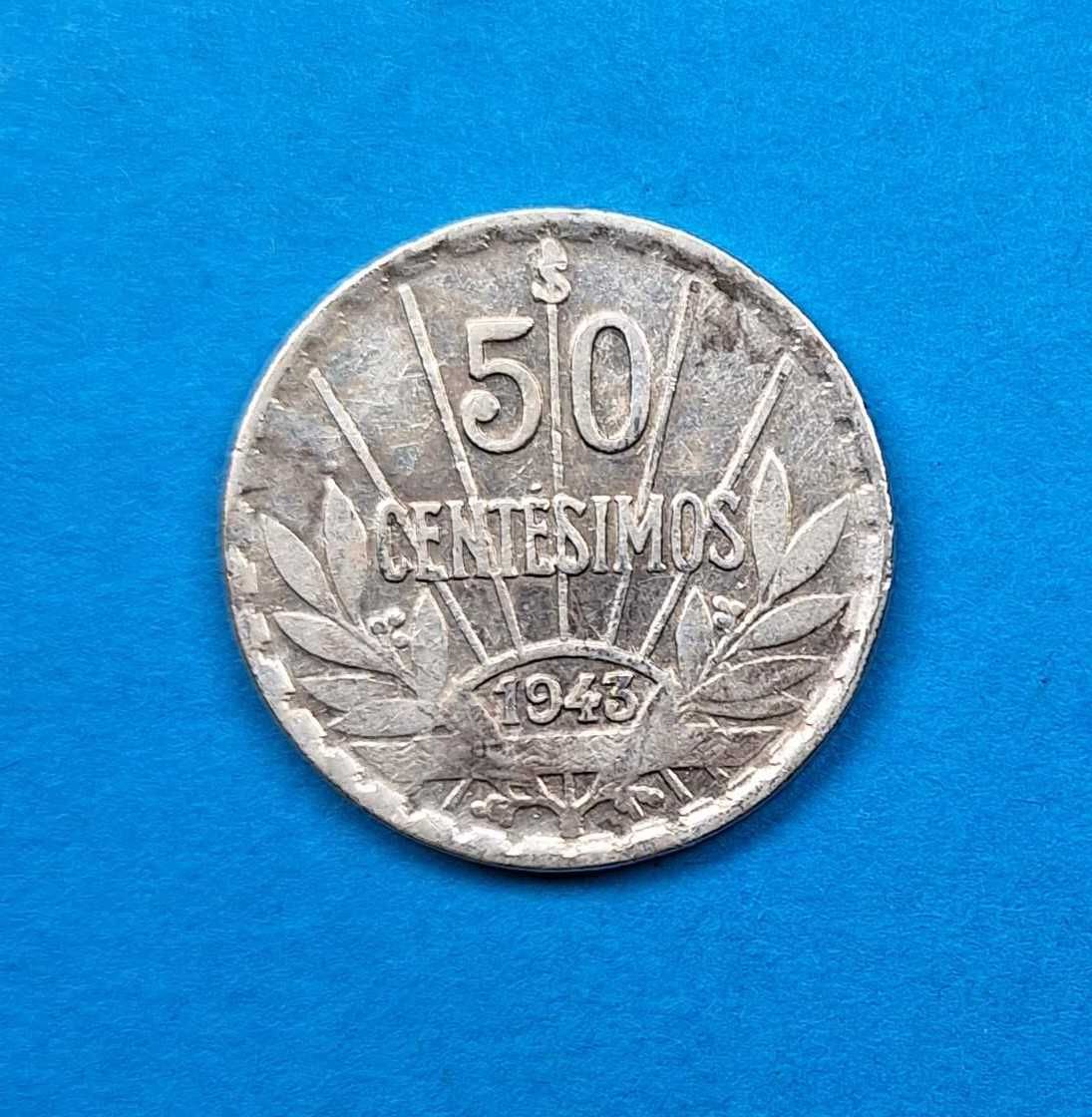 Urugwaj 50 centesimos rok 1943, dobry stan, srebro 0,700