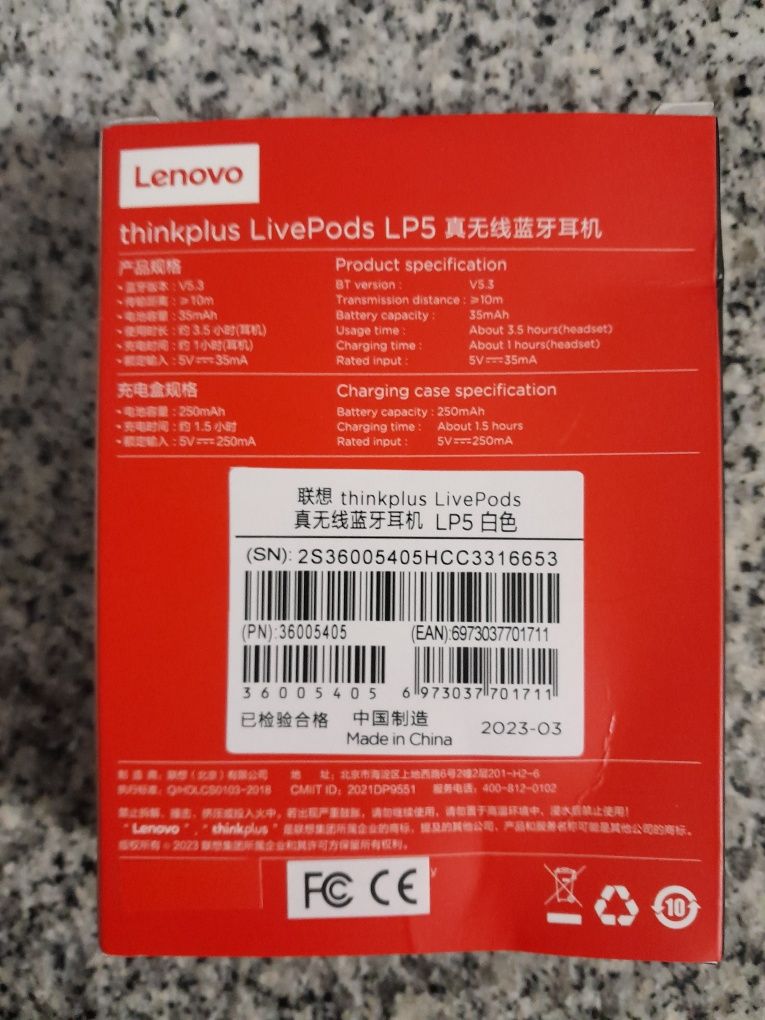 Fones de ouvido Bluetooth Lenovo thinkplus LivePods LP5