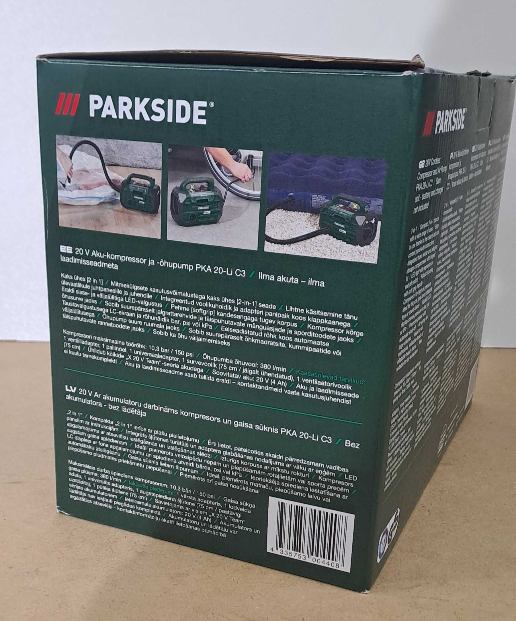 PARKSIDE Akumulatorowa sprężarka 20V i pompka 2 w 1, PKA 20-Li C3
