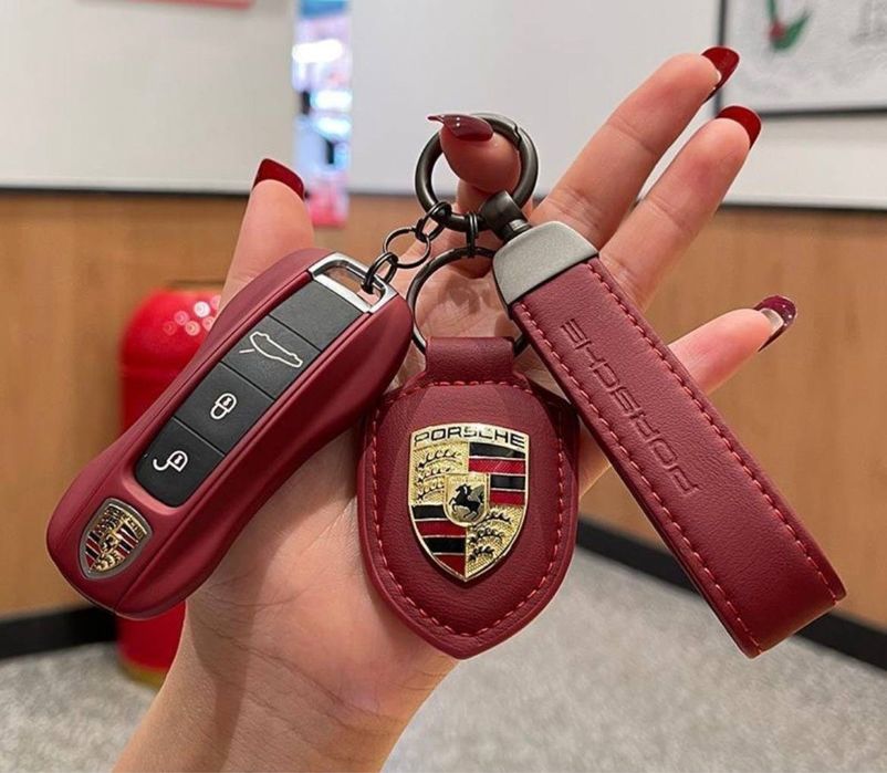 Брендовый чехол для ключей Porsche, бордовый кожаный брелок