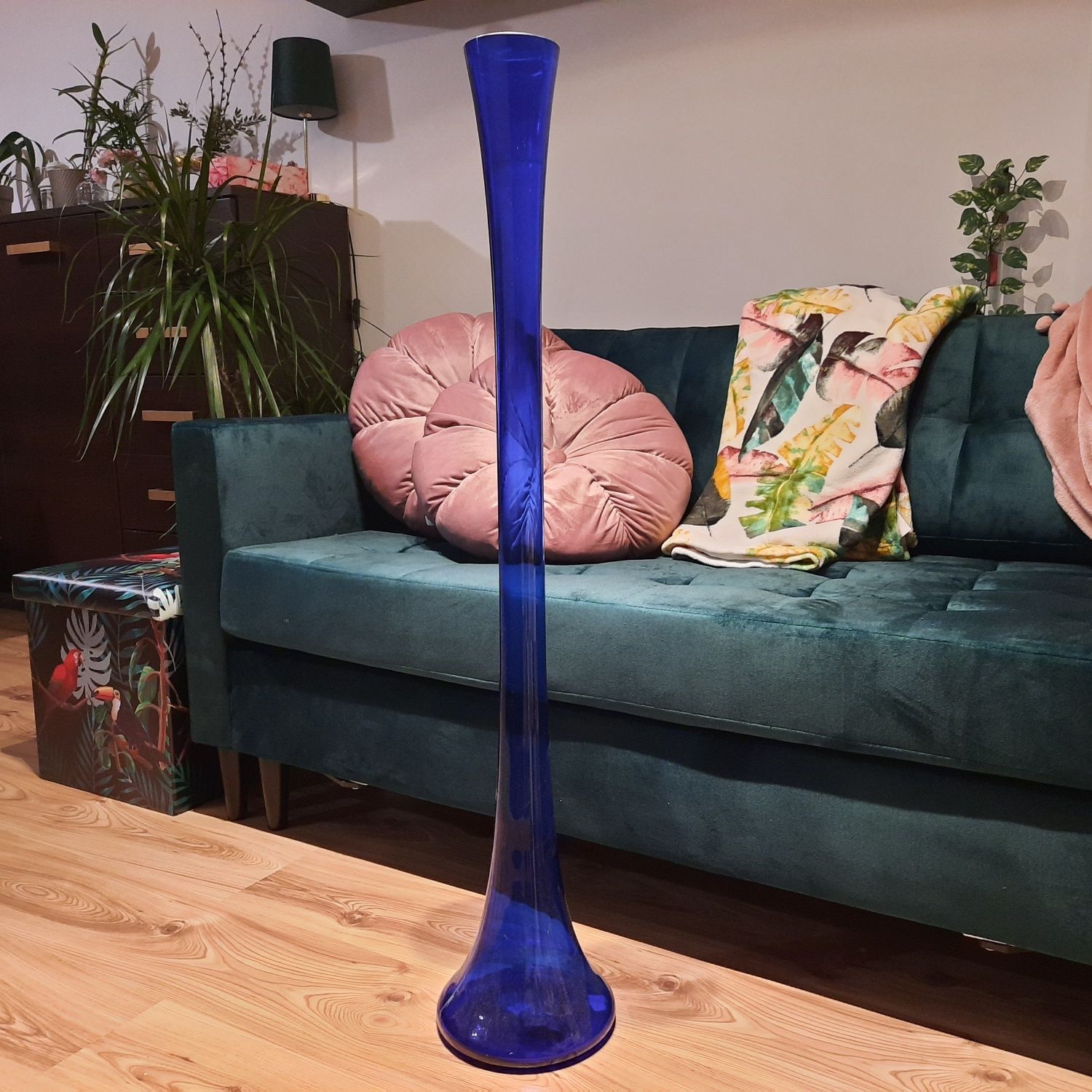 Kobaltowy wysoki wazon flet 100cm szklany niebieski
