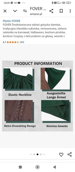 XL FOVER Średniowieczna gotycka odzież damska Tradycyjna irlandzka suk