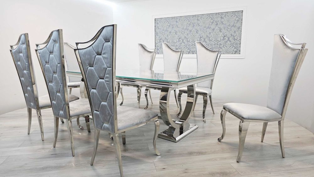 Jadalnia Glamour stół Omega Decor 200cm + 8 krzeseł Galactic/srebro