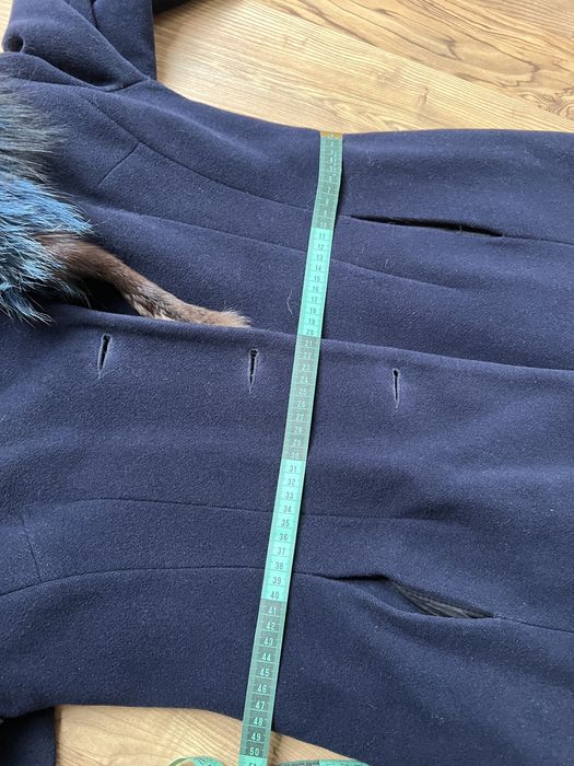 Płaszcz długi kaszmirowy wełniany 42 XL z futerkiem granatowy