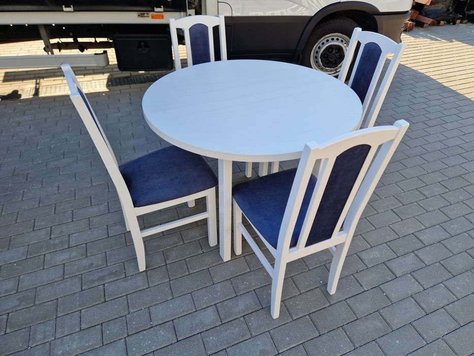 Nowe : Stół okrągły + 4 krzesła, biały + metaliczny granat, transPL