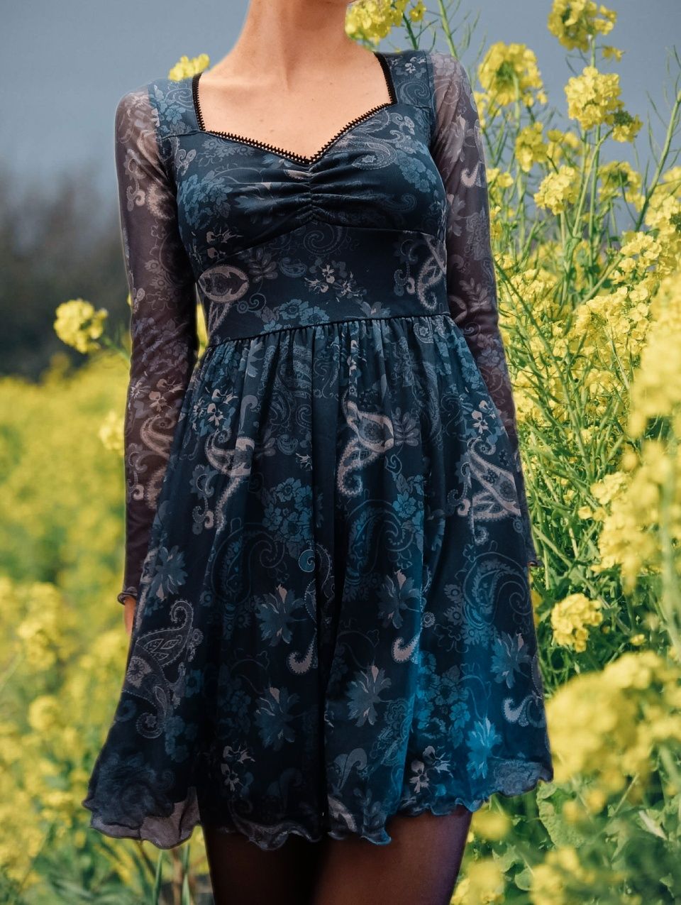 Granatowa niebieska sukienka milkmaid fairycore y2k falbanki / S 36