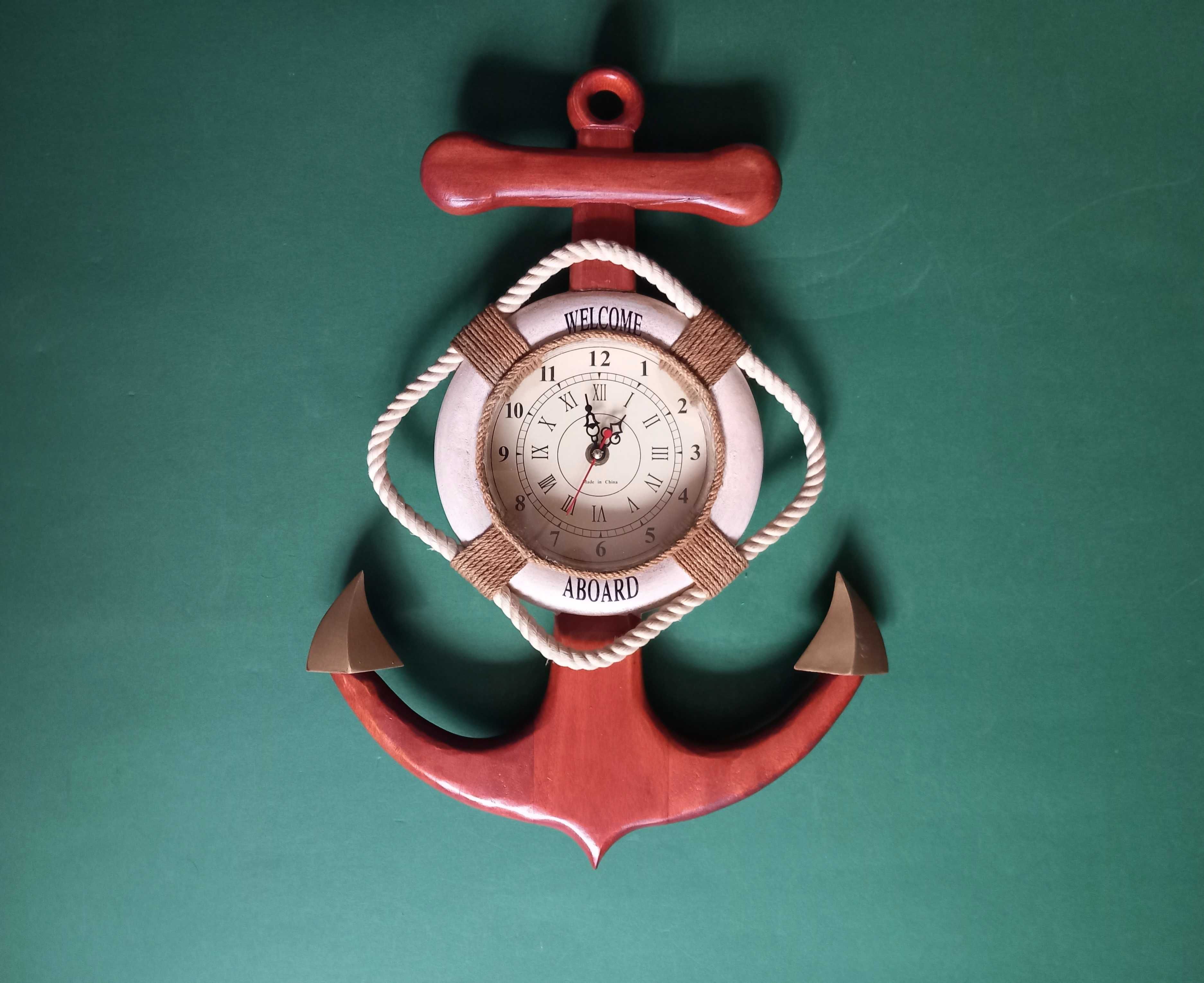 Zegar ścienny motyw morski żeglarski kotwica i koło ratunkowe 45x33
