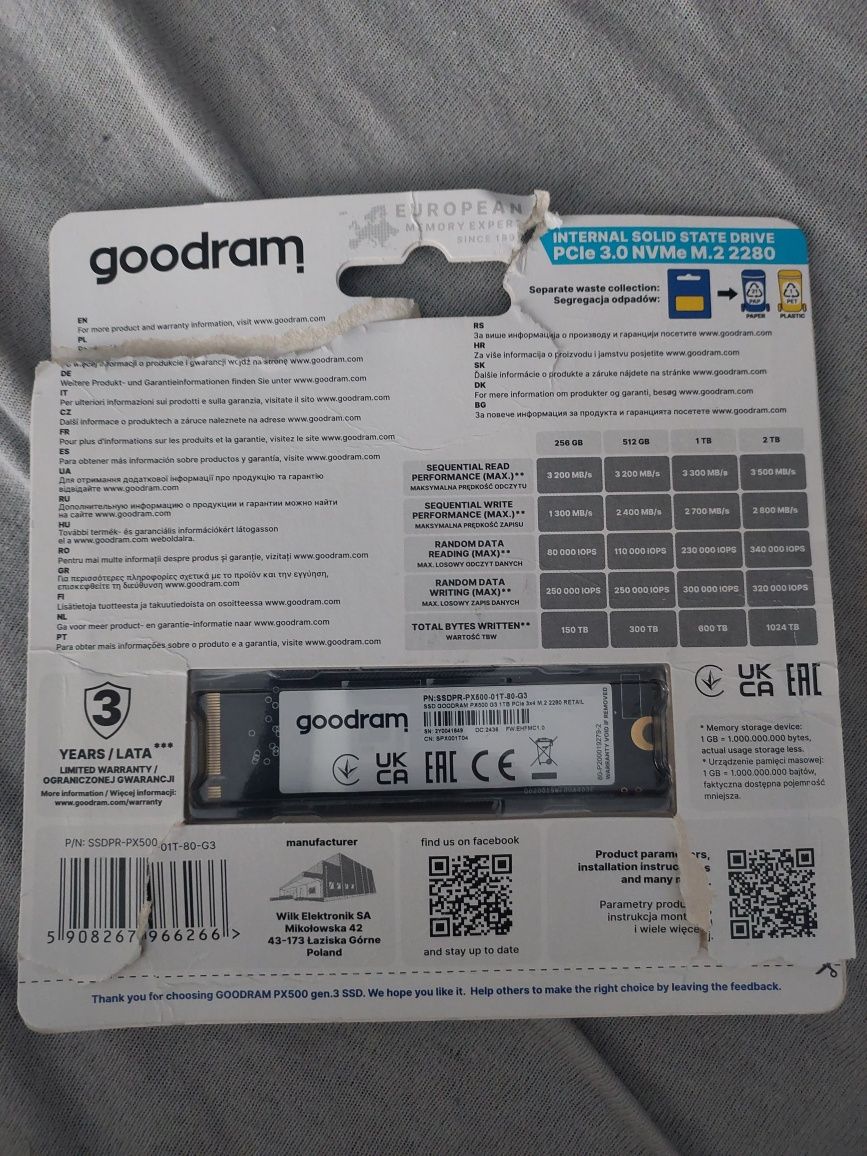 Dysk twardy NVMe M.2 1 Tb Goodram px500  Nowy