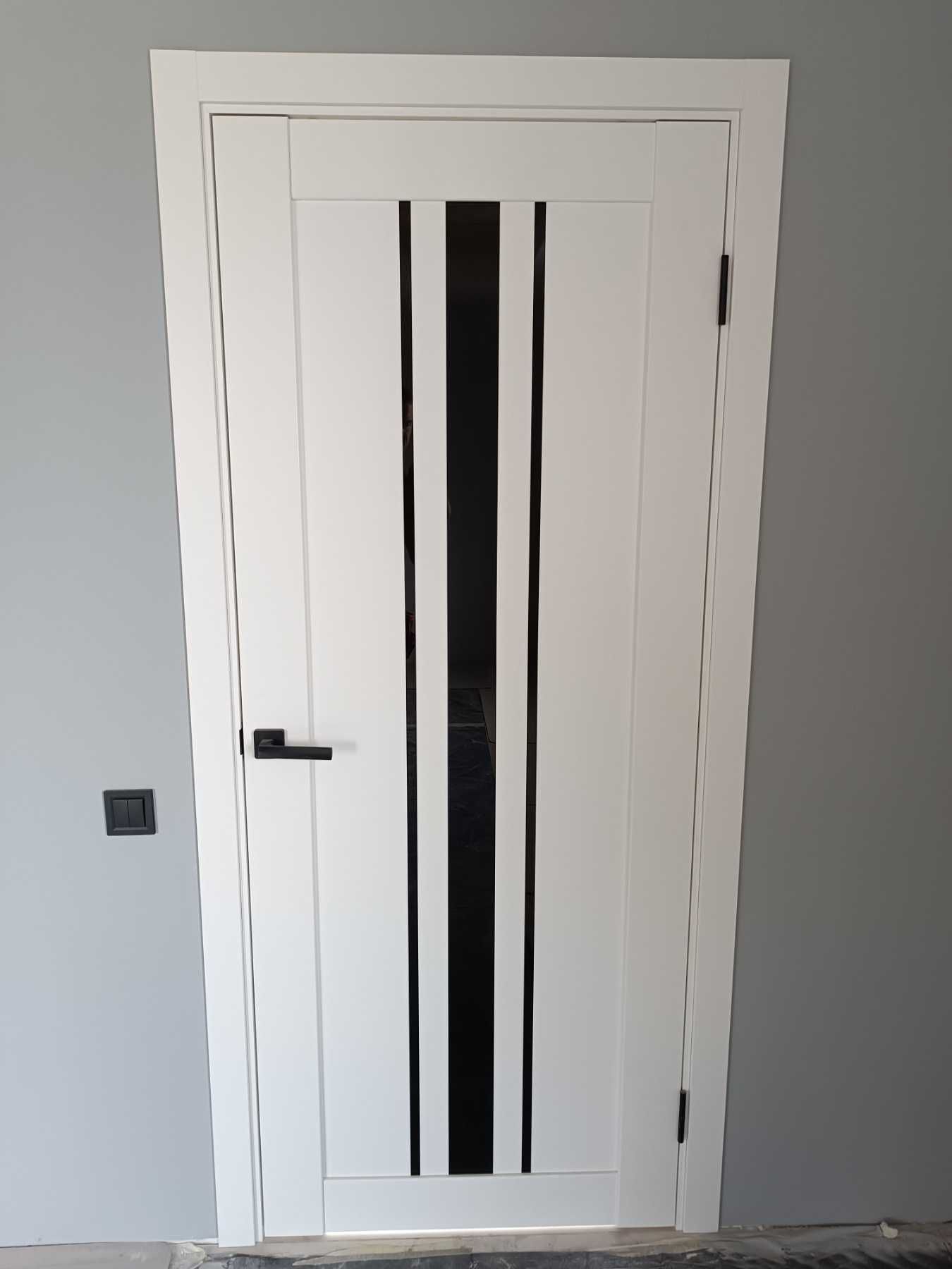 Сучасні міжкімнатні двері білі з чорним склом