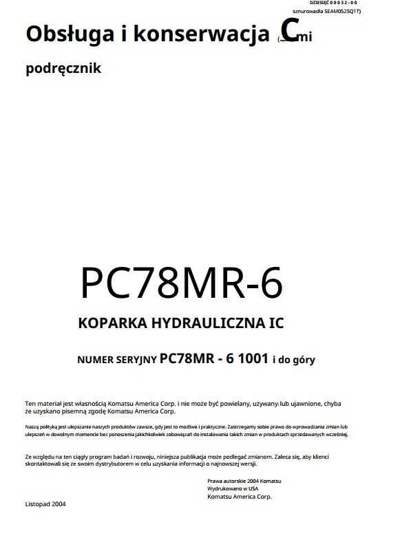 Instrukcja obsługi i konserwacji Komatsu PC 78 MR-6 PL