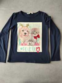 Granatowa koszulka z psem, kotem i jeżem selfie 122/128 długi rękaw