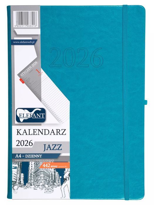 Jazz Kalendarz A4 dzienny turkusowy 2026. Elefant. Nowy Produkt