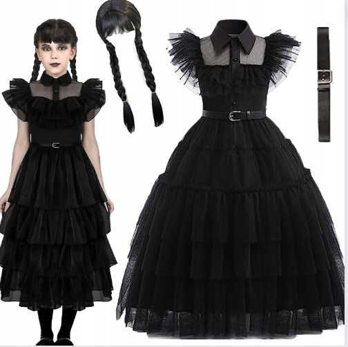 Wednesday Addams sukienka strój kostium na bal + peruka r.XL 140/146