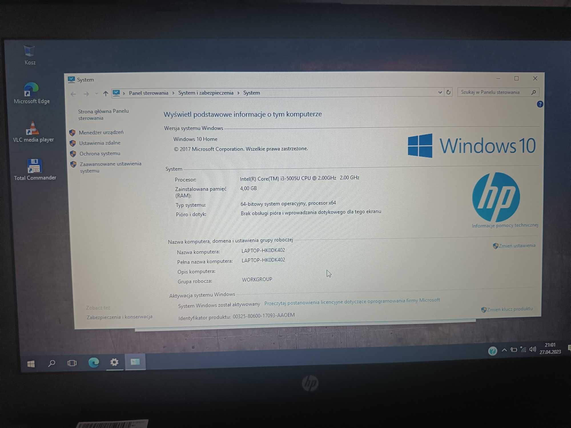 Laptop  HP Intel Core I3 5005U CPU 2,00 GHZ 4 GB