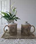 Zestaw kubków ceramicznych z talerzem (handmade)