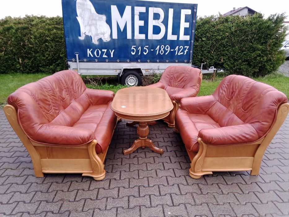 Komplet FLORYDA 3+2+1 i Ława Rozkładana i Podnoszona , Dąb -Skóra Brąz