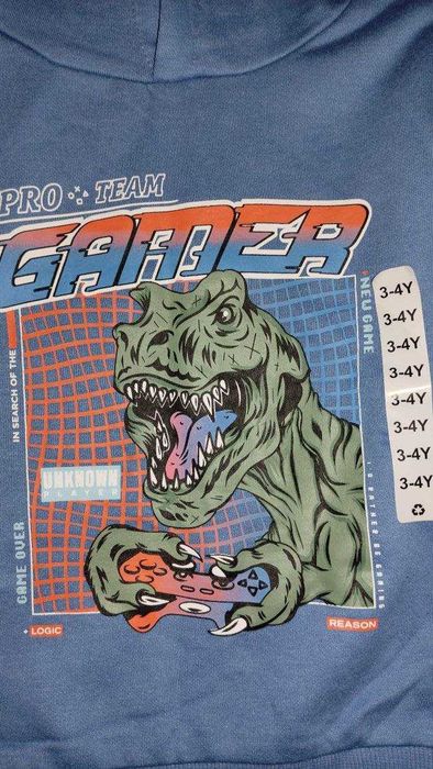Bluza z kapturem, dinozaur, niebieska 104/110