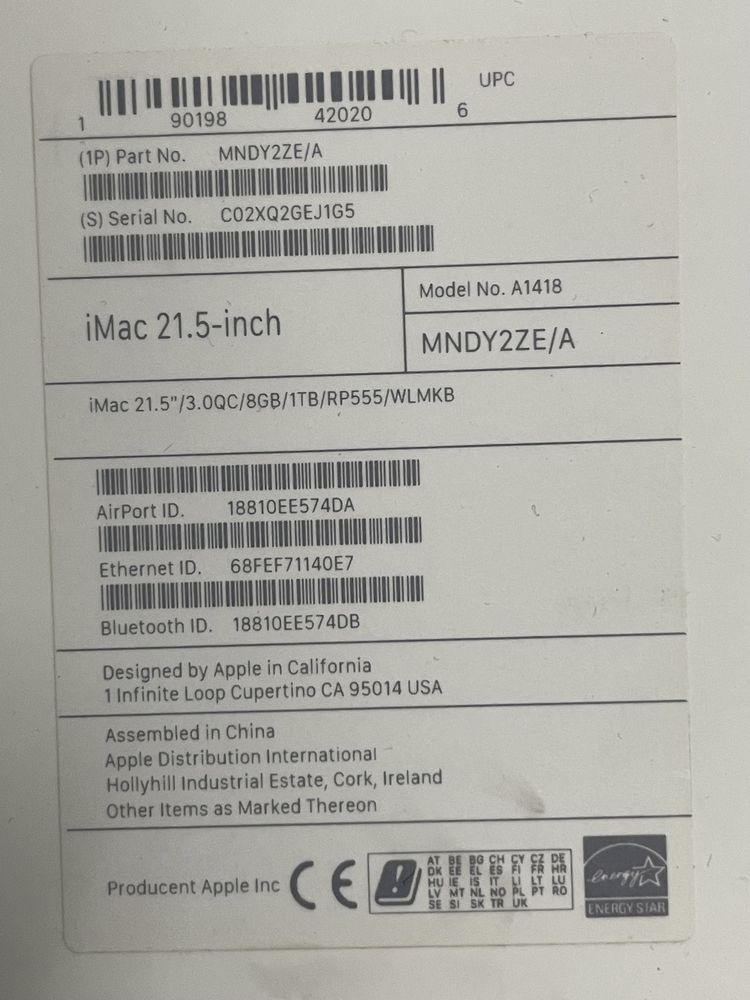 iMac 21.5 8gb 1tb MNDY2ZE/A srebrny A1418 - DOSTAWA GRATIS!