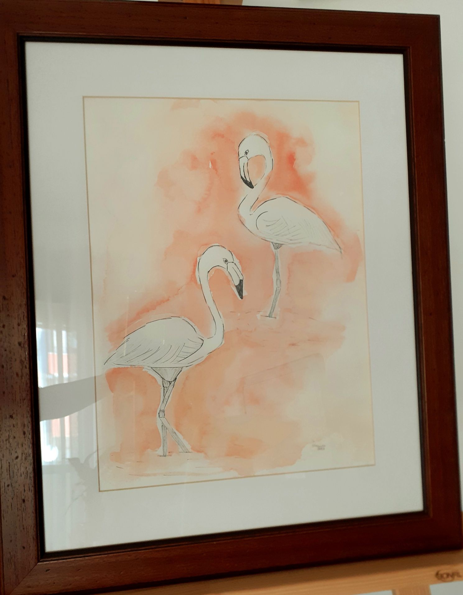 Quadro pintura aguarela original flamingos