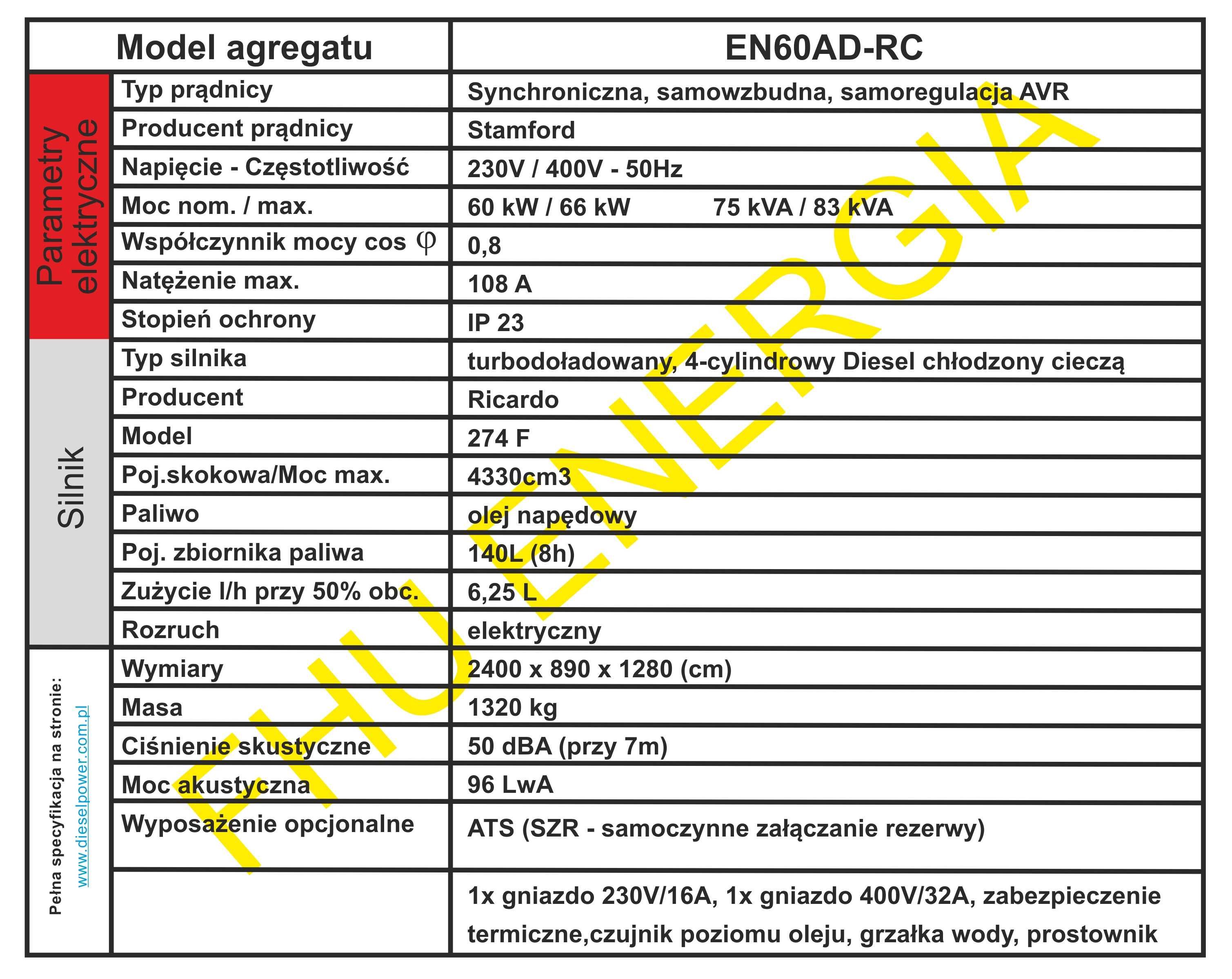 Agregat prądotwórczy 60kW / 66kW /83kVA, AVR (SZR), nowy