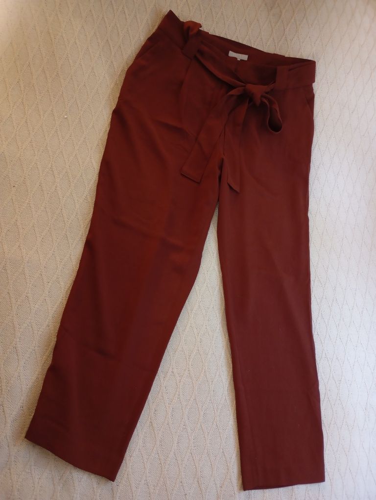 H&M L-XL klasyczne spodnie z paskiem do biura burgund ceglasty brązowy