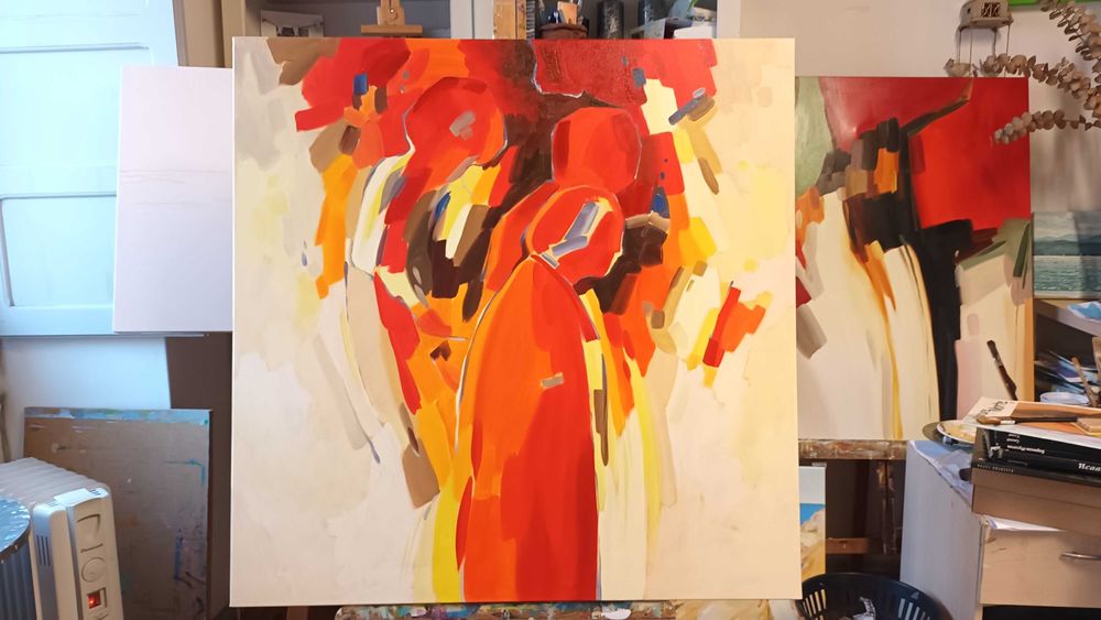 Quadro Abstracto Amarelo 100x100cm com moldura.