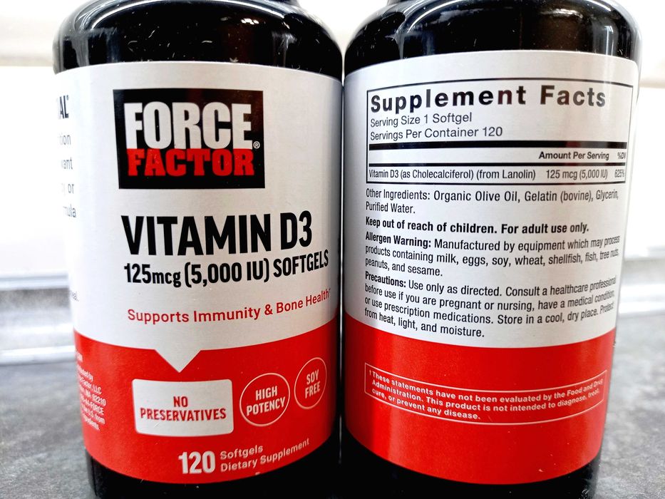 Force Factor, Vitamin D3 5000 МЕ (120 капс.), витамин D3, вітамін В3