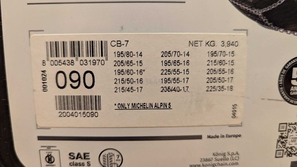 Łańcuchy śniegowe König CB-7 Gr. 90 – nowe! m. in. 205/55 R16