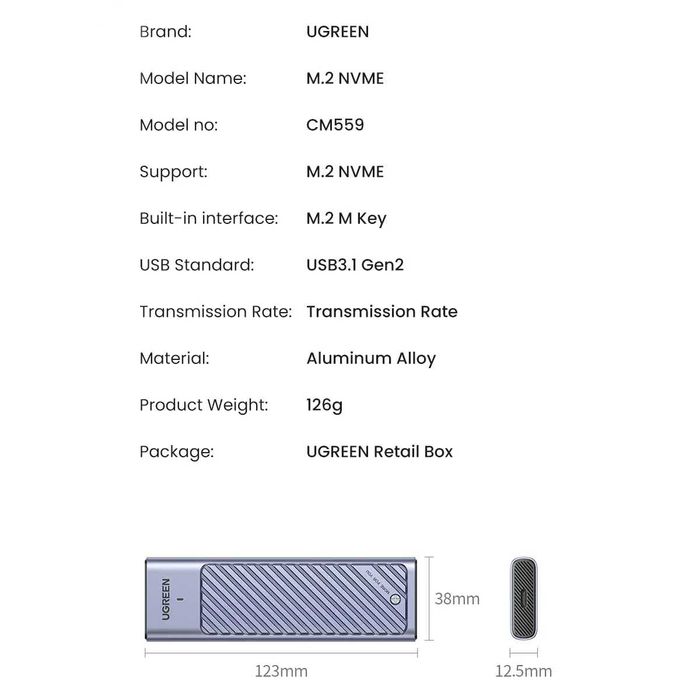 Ugreen CM559 SSD карман M2 NVME/SATA в комплектi 2 USB та чехол