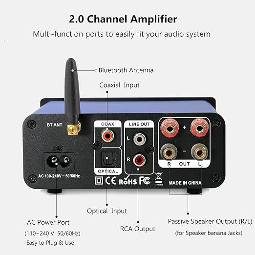 Wzmacniacz stereo LONPOO Bluetooth 100W z pilotem i wejściem AUX
