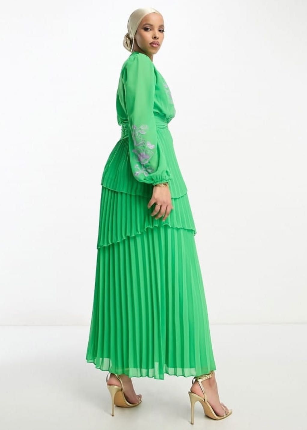 Zielona plisowana długa sukienka koktajlowa falbany wesele ASOS 38/M