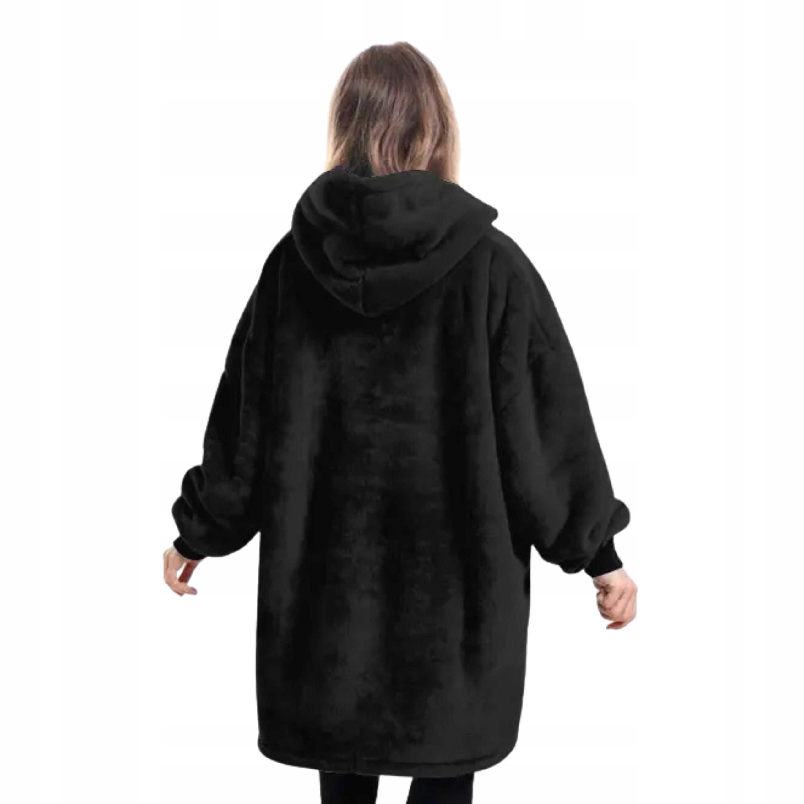 Koc bluza Oversize Ciepła Gruba Kocobluza 2w1 Czarna Futrzak