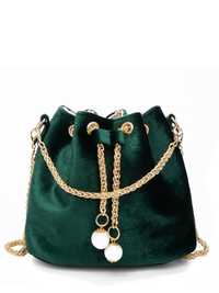 Зелена оксамитова сумка через плече з золотим ланцюжком