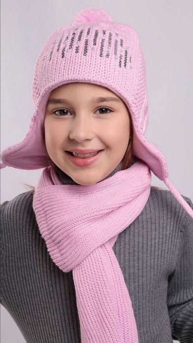 Набір шапка хомут снуд шарф зимова дівчинка рожева синя біла лаванда