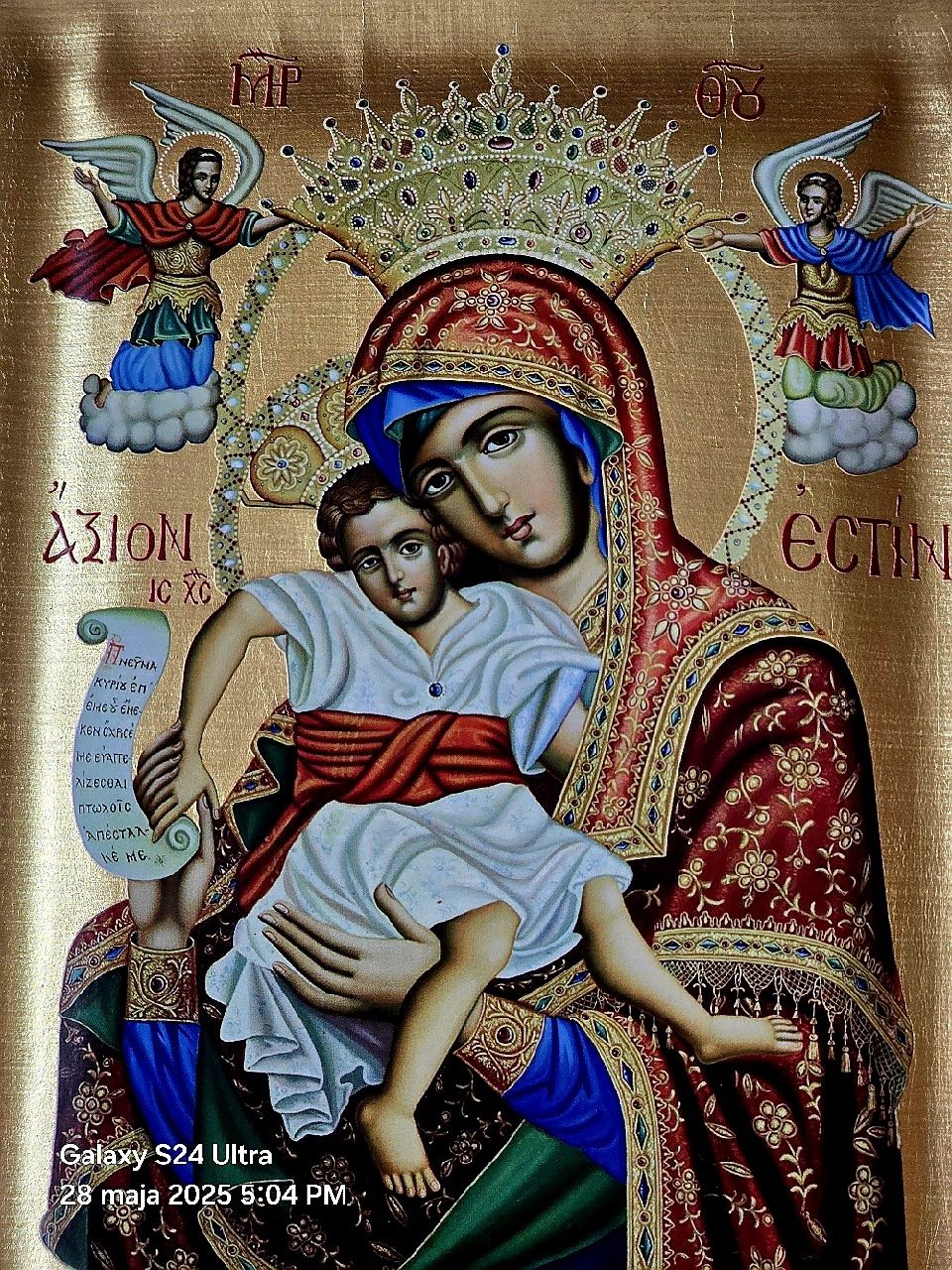 Piękna Ikona Grecka prawosławna na desce Matka Boża z Dzieciątkiem.