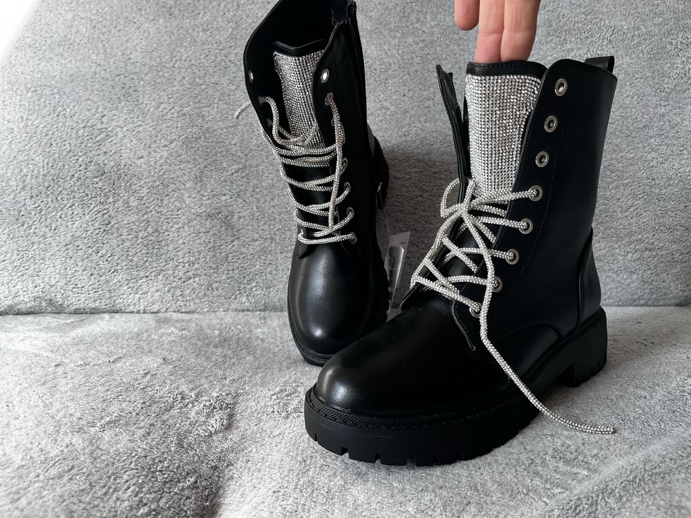 Buty botki workery zdobione cyrkonie 37