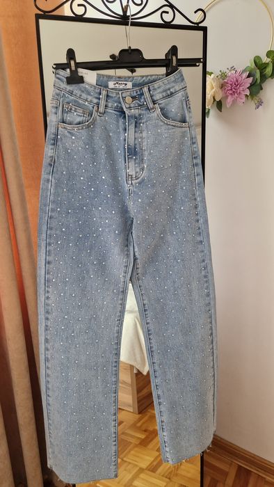 Spodnie wide leg dżinsy cyrkonie kryształki Varlesca chicaca XS S M L