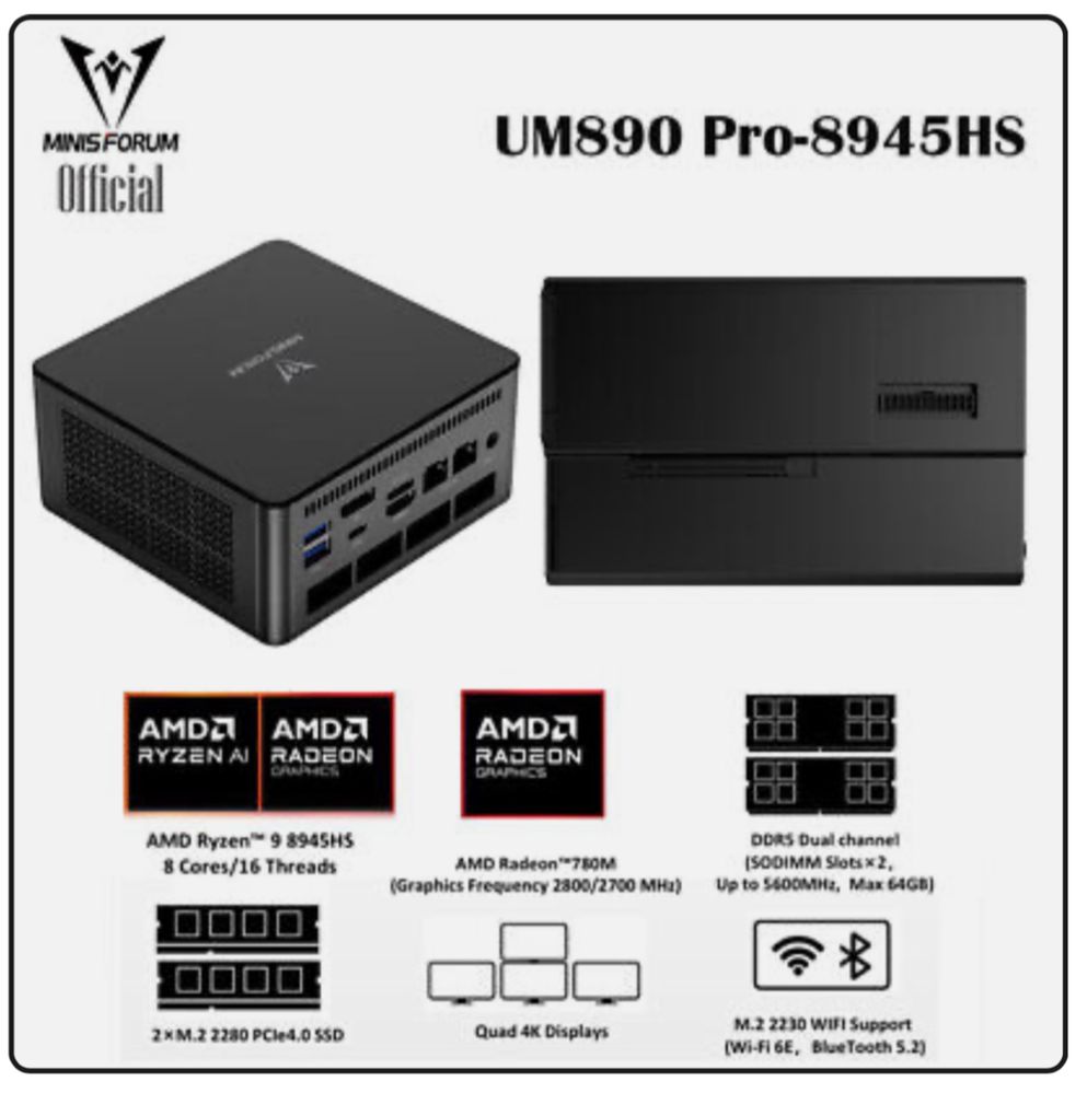 Minisforum um890 pro mini pc (Ryzen 9 8945HS, 780M, 32GB DDR5, 240 m2)