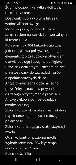 Ścienny dozownik mydła Delabie