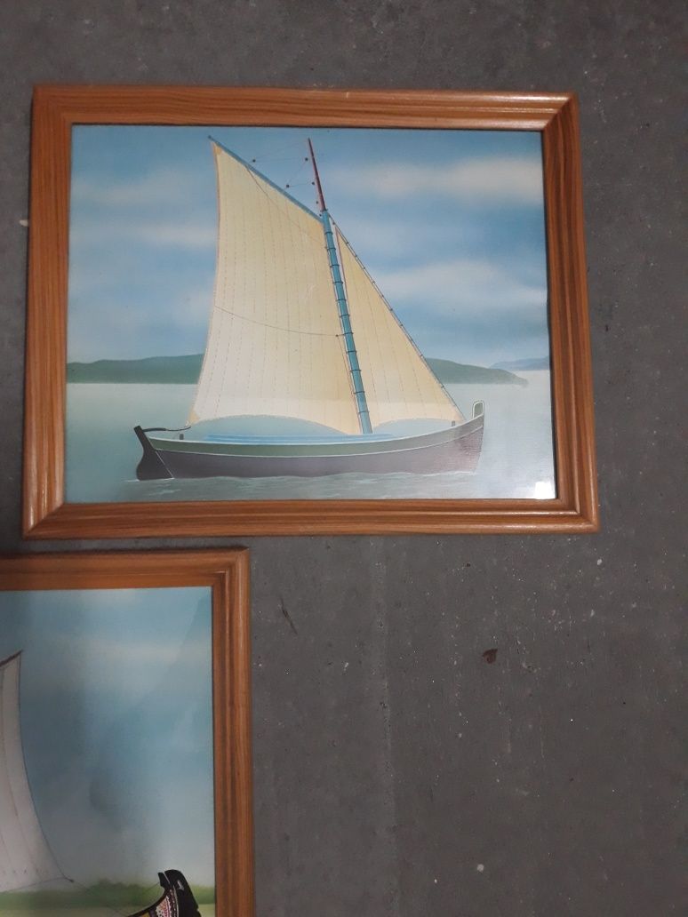 3 quadros de barco com moldura e vidro