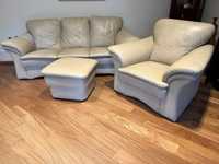 Skórzany komplet wypoczynkowy (sofa, fotel, pufa) firmy Kler (używany)
