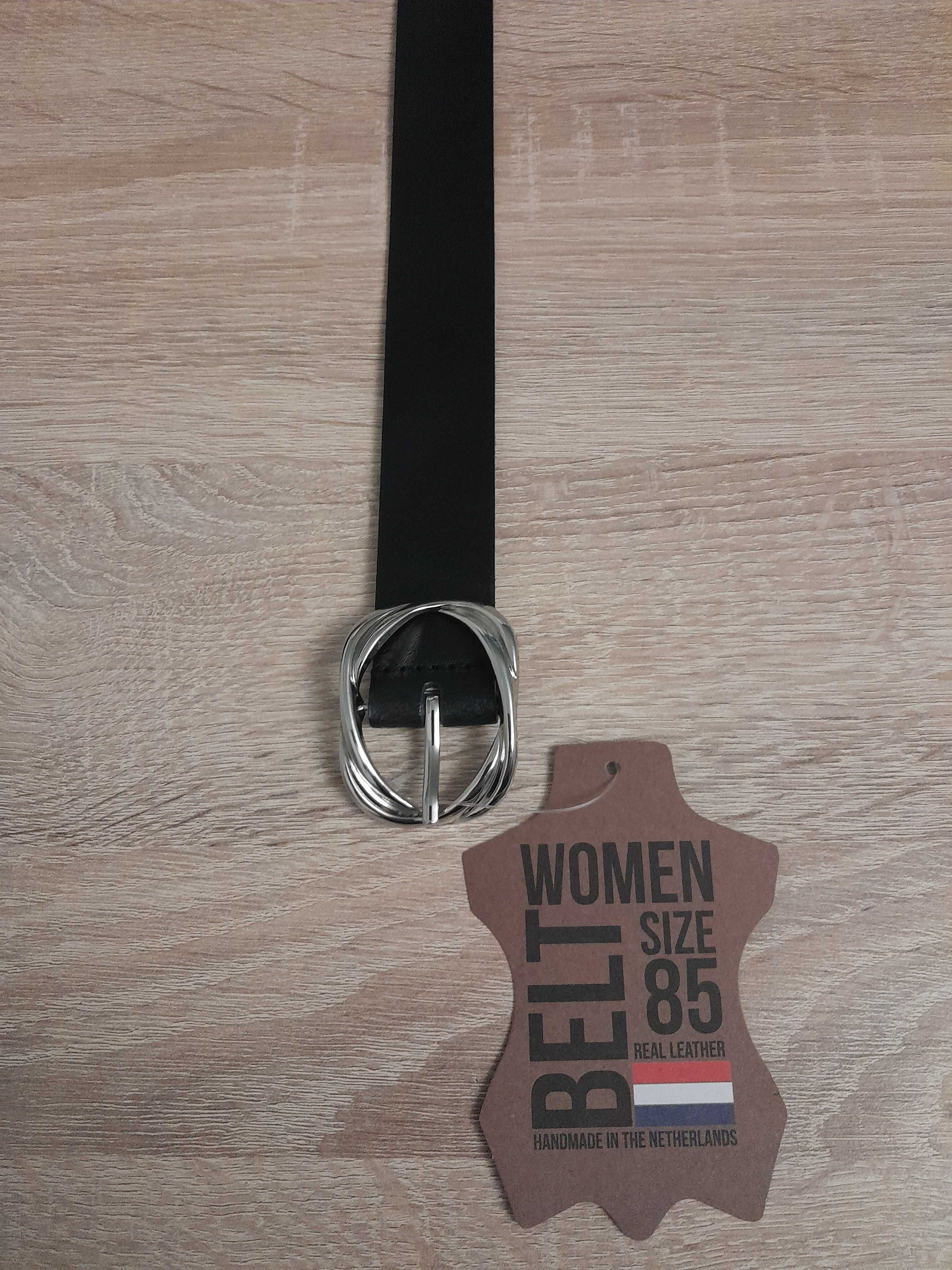 Nowy skórzany pasek damski z Holandii, czarny_gładki_85 cm_ kl srebrna